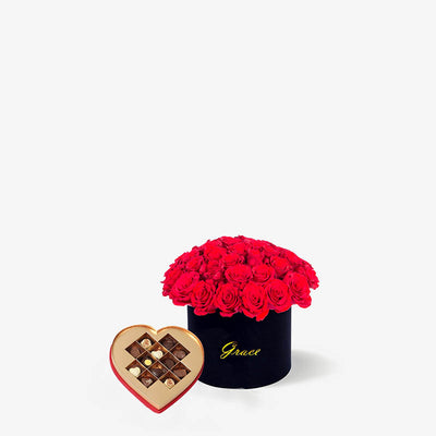 Roses Bouquet in a Box with Godiva Coeur Red 12pcs Assorted Chocolate